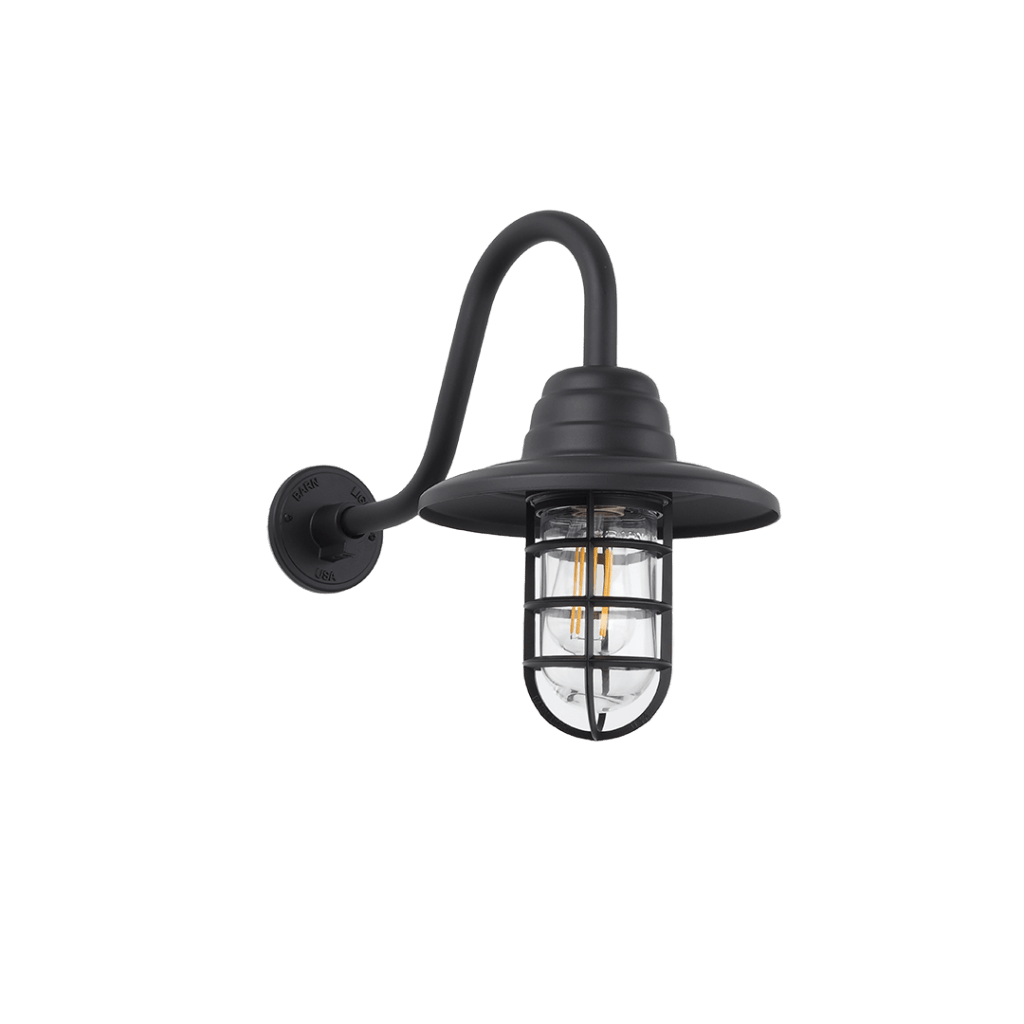 Art Deco Styled Gooseneck Mounted Bunker Light with Flare & Clear Glass. Shown in Black